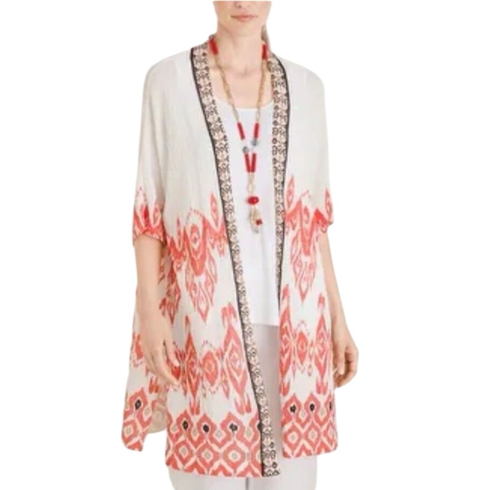Chico's Burnt Orange and Cream Patterned Open Front Flowy Kimono Cardigan